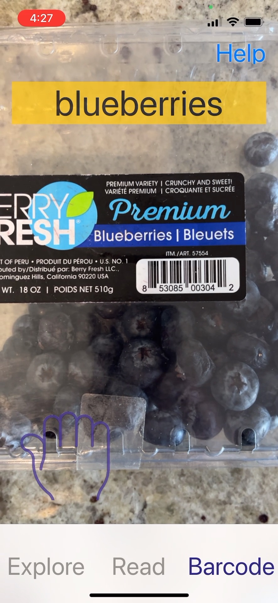 The Echobatix app displays the word "blueberries" after reading the barcode of a pack of blueberries.
